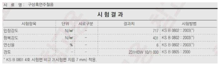 KTR(한국화학융합시험연구원) 기계적 성질 시험 결과