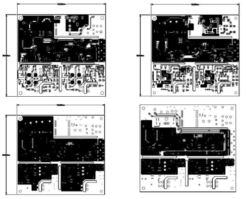 이중화 게이트 드라이버 4층 기판 구성도(3차 PCB), 1층기판(좌상), 2층기판(우상), 3층기판(좌하), 4층기판(우하)