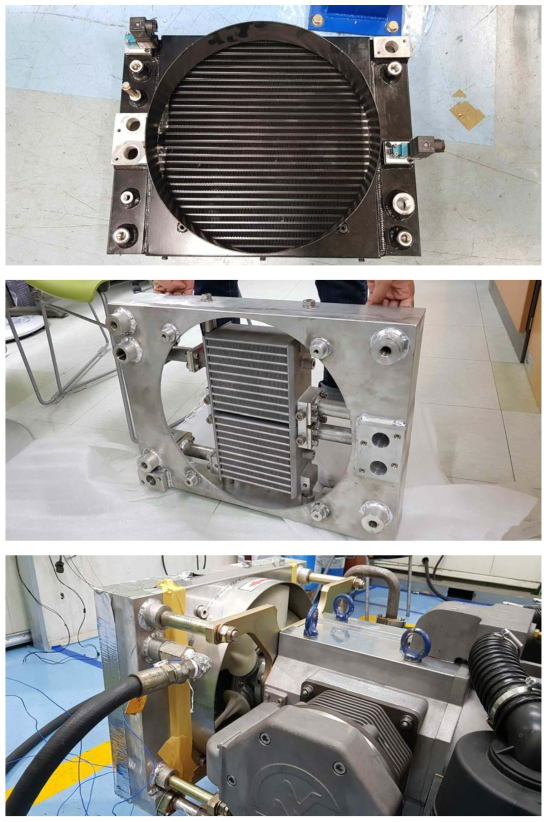 기존 냉각기(윗) 및 3D 프린팅 냉각기 지그 결합모습(중간) 및 시험(아래)