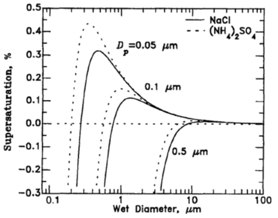 NaCl, (NH4)2SO4 입자 크기별 과포화도를 보여주는 Kӧhler curve