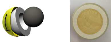 하이브리드 커버 골프공 3PC 개발도(왼쪽) 및 실제 단면모습(오른쪽)