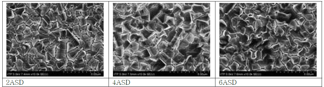 기본 건욕액에 B 시리즈 첨가제를 5% 더 첨가한 경우 전류 밀도 변화에 따른 SnAg 의 표면 morphology 변화(B-1)