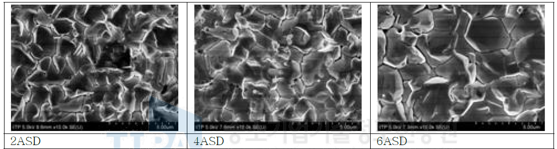 기본 건욕액에 B 시리즈 첨가제를 10% 추가 첨가한 경우 전류 밀도 변화에 따른 SnAg 의 표면 morphology 변화(B-2)