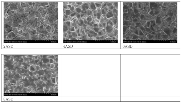 기본 건욕액에 Polyoxy ethylene phenyl류(0.2g/L), Phenol derviative류 환원제 2(0.15g/L), Thiodiglycol Exoxylate(60 g/L)를 첨가한 경우 전류 밀도 변화에 따른 SnAg 의 표면 morphology 변화(E-0)
