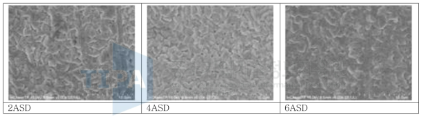 기본 건욕액에 F 시리즈 첨가제를 10% 더 첨가한 경우 전류 밀도 변화에 따른 SnAg 의 표면 morphology 변화(F-2)