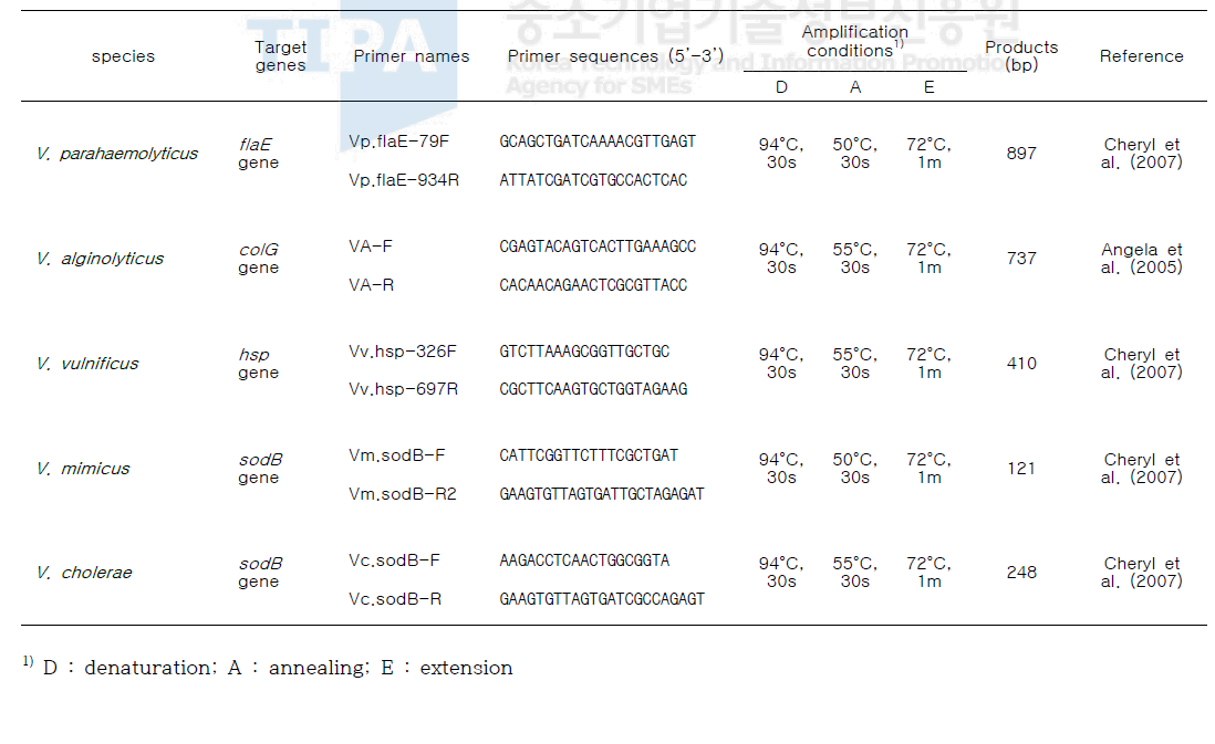 비브리오 species-specific PCR에 이용된 primer와 PCR 반응조건