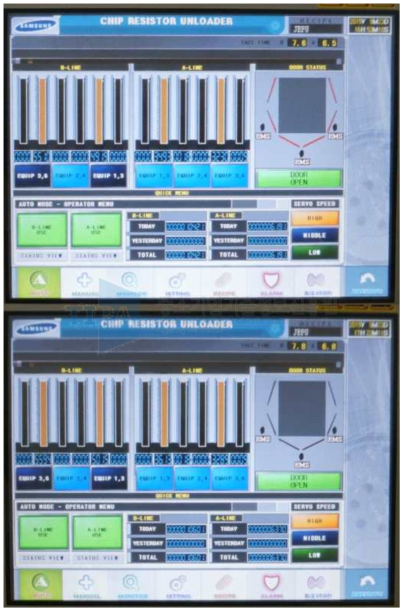 Printer Head Unit1 의 배출 Module의 Tact Time 화면 사진.