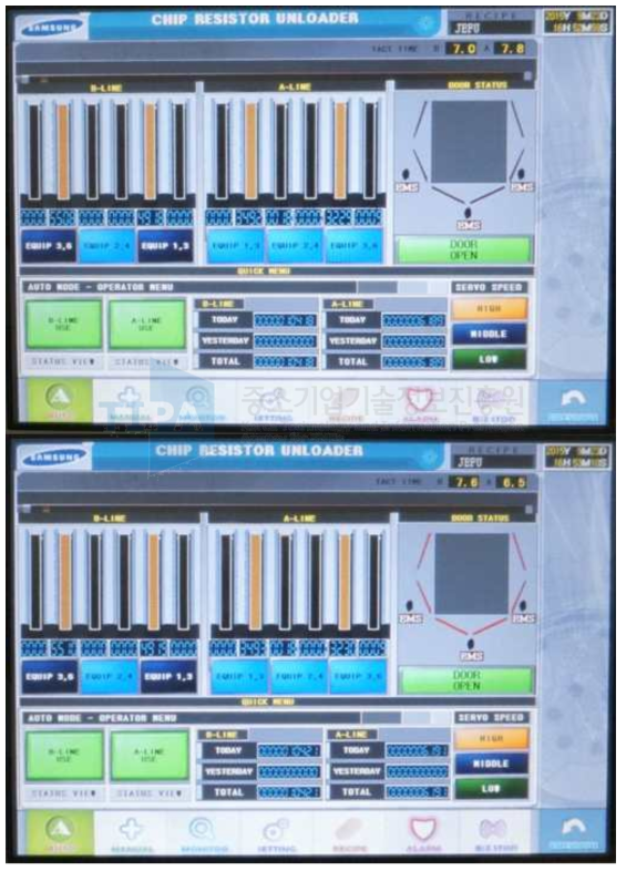 Printer Head Unit1 의 배출 Module의 Tact Time 화면 사진.