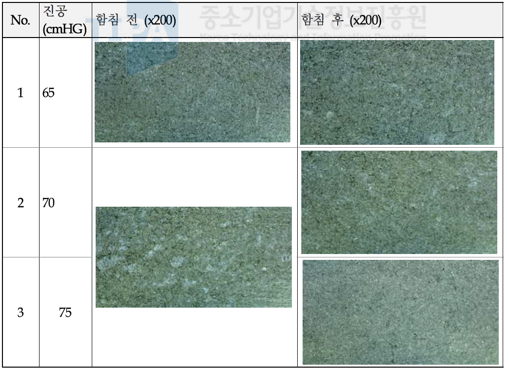 Stamping 구조 분리판 제조 시편을 이용한 진공함침 조건별 표면 비교
