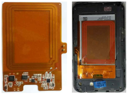 수신부 시제품으로 제작된 안테나 모듈 및 휴대폰에 장착된 사진