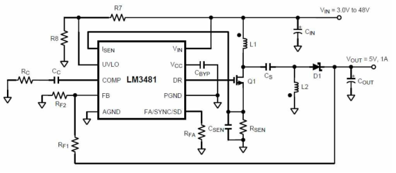Step-down, Step-up 기능이 있는 LM3481 IC의 기본 회로 구성도