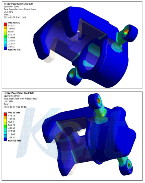 일체형 캘리퍼하우징의 등가응력 분포 (120℃)