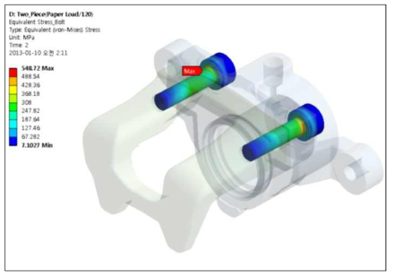 분리형 캘리퍼하우징의 볼트부품 등가응력 분포 (120℃)