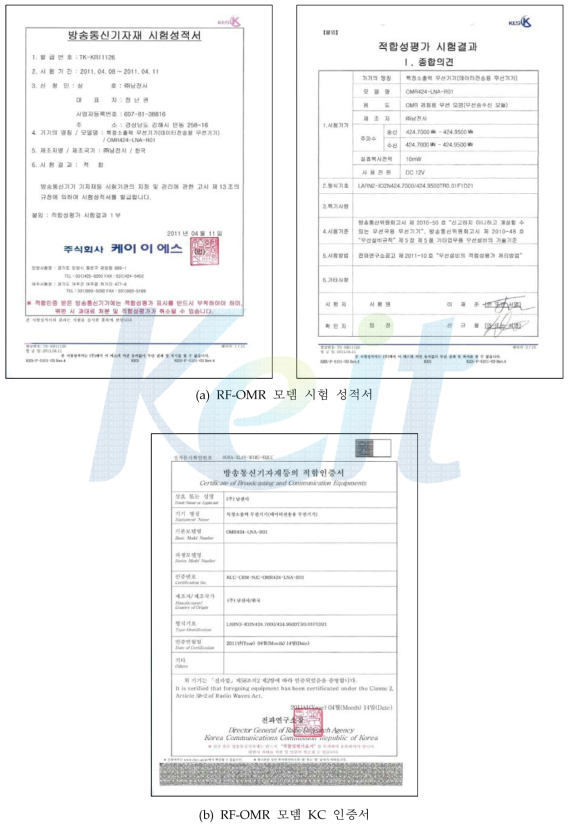 RF-OMR 모뎀 시험 성적서 및 KC 인증서(기 취득)