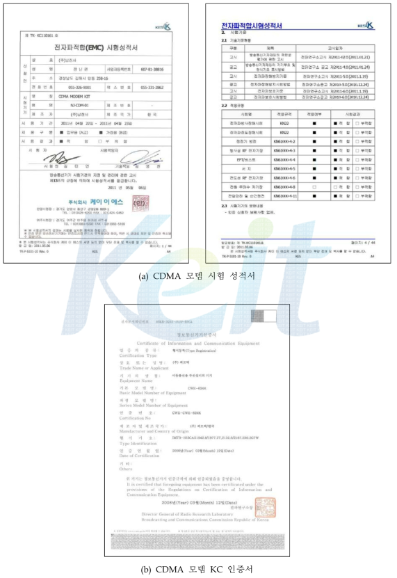 CDMA모뎀 시험 성적서 및 KC 인증서(기 취득)