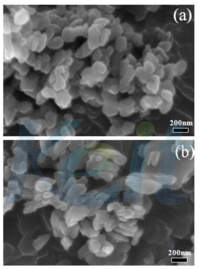 FE-SEM pictures of samples heated at 140 ℃ for 3 h (a) with and (b) without ball milling.