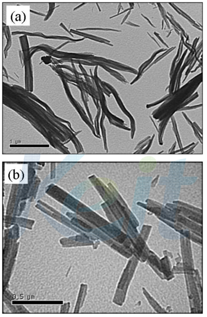 TEM micrographs of ε-CuPc samples synthesized at 130 ℃ for 2 h with (a) 4-nitrophthalonitrile and (b) normal ε-CuPc.