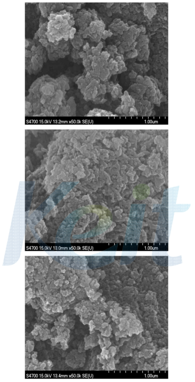 나노화 스케일 up 실험의 FE-SEM Image 위로 부터 1L, 8L, 100L.