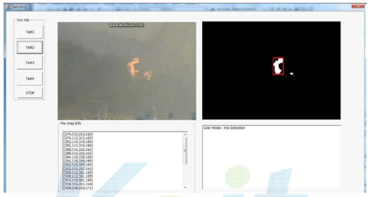 가우시안 확률 모델을 포함한 산불 화재 인식 결과 화면