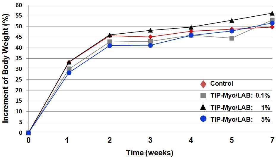 TIP-myostatin을 표면발현 유산균을 농도별로 투여한 마우스의 체중 변화.