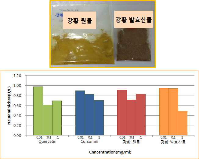 뽕잎 원물 및 발효산물의 농도별 neuraminidase 저해활성 결과