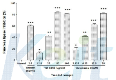 YD-104B 및 wuweizisu C의 췌장지방분해효소(pancreatic lipase) 활성 억제