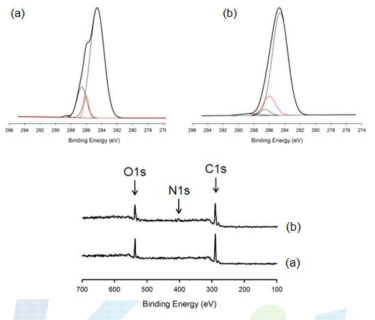 XPS 측정결과, (a) polyurethane, (b) dopamine 코팅(2h).