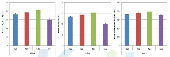 Total polyphenol and flavonoid and DPPH radical scavenging activity of cultured deodeok pildora tea with 4 kinds of mycelia