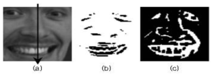 똑바로 된 얼굴영역 영상에서 에지(b)와 밸리(c)