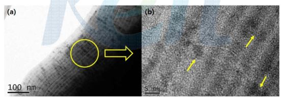 nc-AlCrN/a-Si3N4 코팅막의 TEM cross section view (a) 100nm scale, (b) 5nm scale