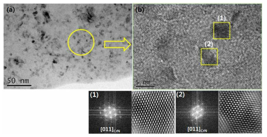 nc-AlCrN/a-Si3N4 코팅막의 TEM plane view (a) 50nm scale, (b) 5nm scale