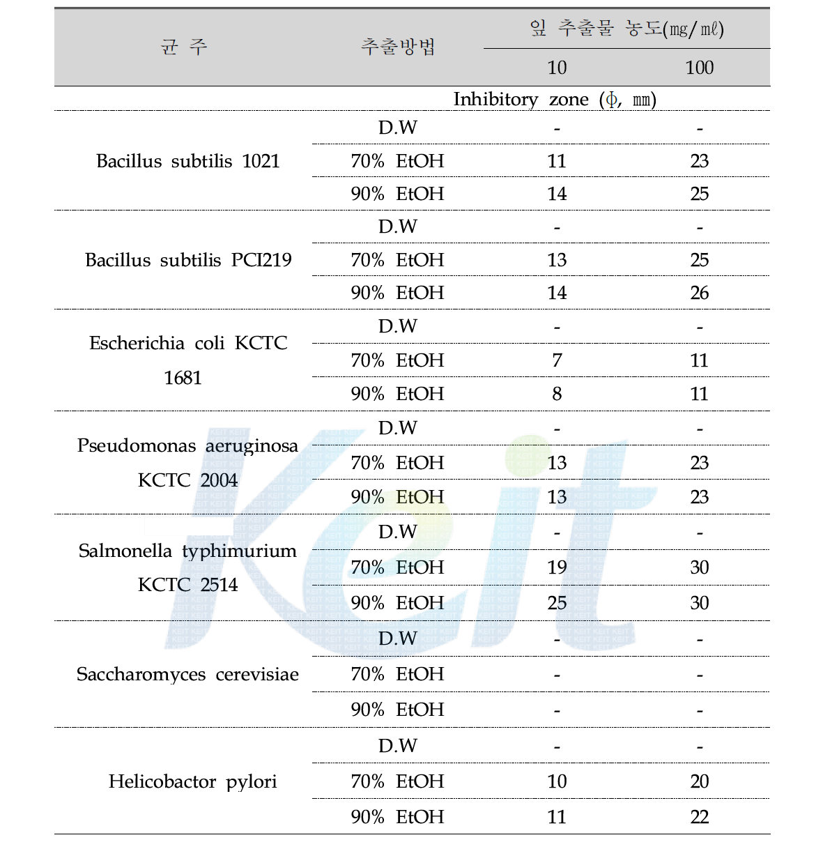 M. Oleifera 나무 잎의 항균력 테스트