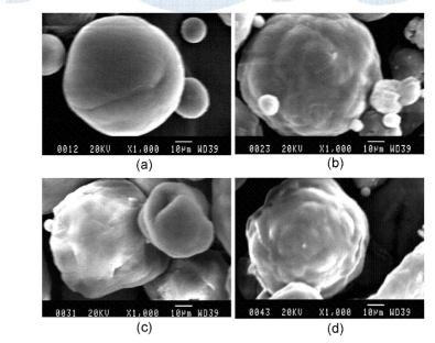 SEM photographs of different PEI ratios; (a) 0％, (b) 10％,(c) 15％, (d) 20％.