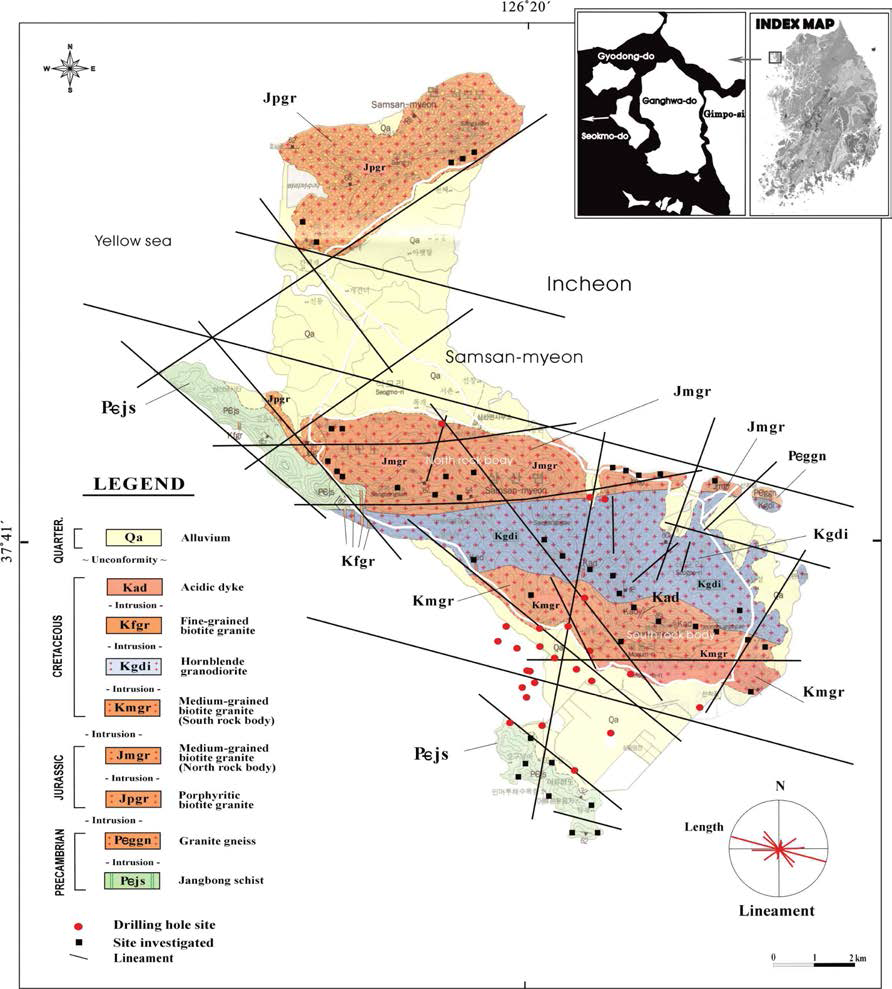 Geological and lineament distribution map of Seokmo-do, Ganghwa-gun.