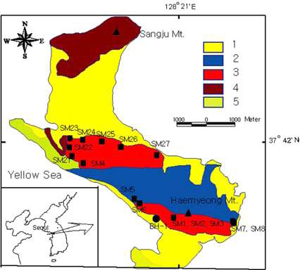 Simplified geologic and sample location map of the Seokmodo, Gangwha