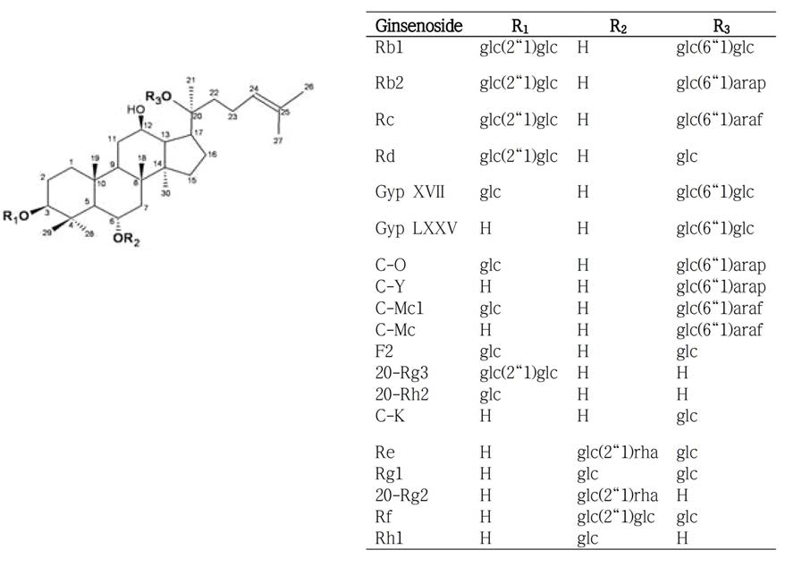 Structure and elements of ginsenoside.