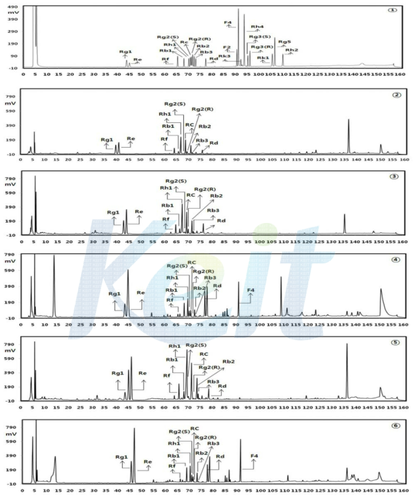 HPLC chromatograms of ginsenosides. ① Standard ginsenosides ② 4CGR ③ 4MGR ④ 4MGL ⑤ 8MGR ⑥ 8MGL