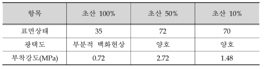 초산 저항성 실험 (표면상태, 광택도, 부착강도, 표면사진)