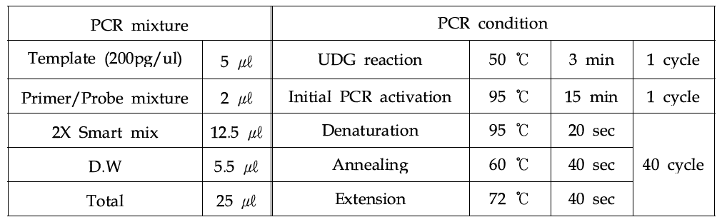 Bacteria 검출을 위한 real-time PCR 혼합물 조성 및 조건