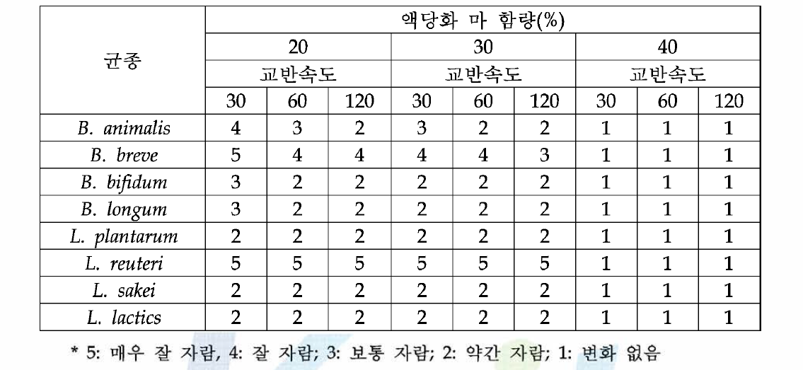 배양조건에 따른 균주별 배양정도 비교표