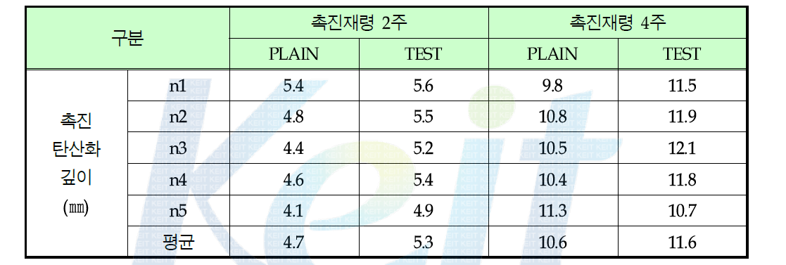 콘크리트의 촉진탄산화저항성 시험결과