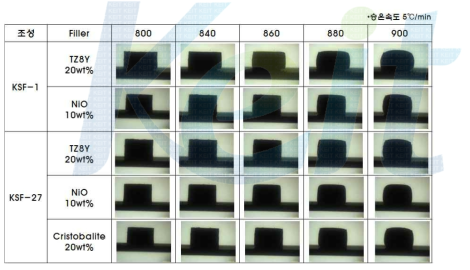 Filler 종류 및 함량에 따른 고온현미경 사진