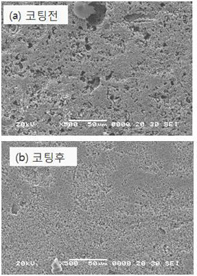 연료극(NiO/YSZ) 기능층 코팅전후 지지체 표면 사진.