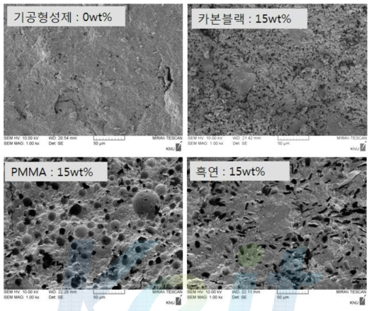 기공형성제 종류별 연료극 지지체 파단면 SEM 사진