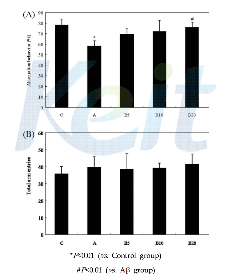 Y-maze 실험을 통한 1,2-benzenedicarboxylic acid dinonyl ester의 보호 효과 (A) Alteration behaviour, (B) Total arm entries.