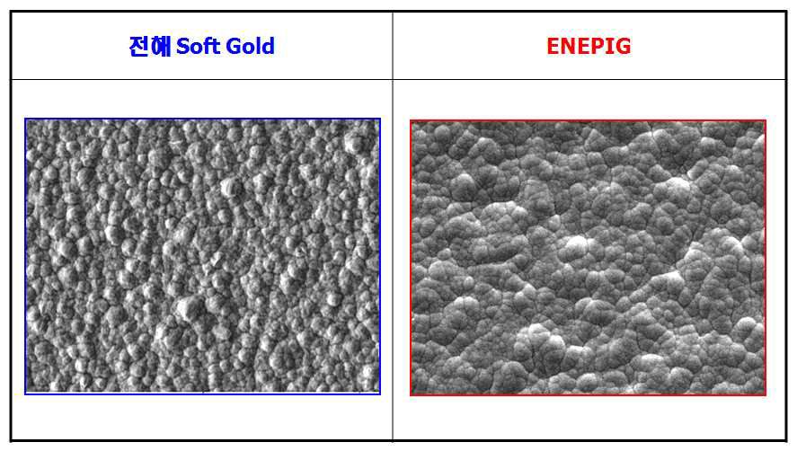 전해소프트골드와 ENEPIG 도금 표면 조직 비교