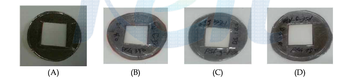 기체투과셀을 (A)PSf, (B)PSf-g-PEG350, (C)PSf-g-PEG550, (D)PSf-g-PEG750 제조