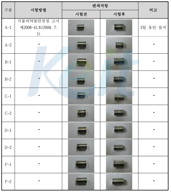 시험용해합금의 변색저항 시험 결과