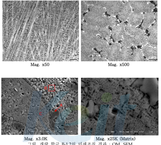 개량 합금 B-1,2의 미세조직 결과 ; OM, SEM