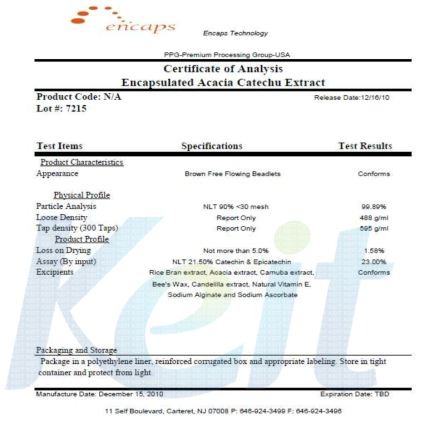 Encaps로부터 제조된 capsule 성적서